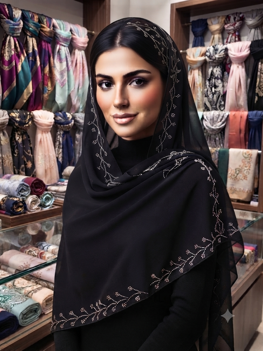 شال حریر مشکی  دور نگین